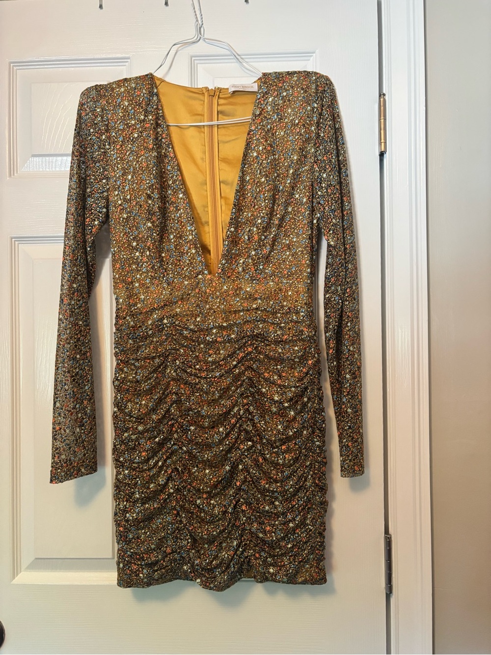 Ramy Brook Gold Multi Sequin Ruched Long-Sleeve V-Neck Mini Dress
